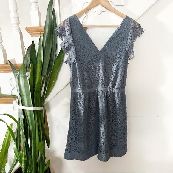 Madewell Blue Lace Overlay V-Neck Flutter Sleeve A-Line Mini Dress Size 4 - Picture 2 of 8